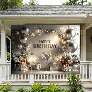 Elegant Silver Birthday Party Backdrop XL